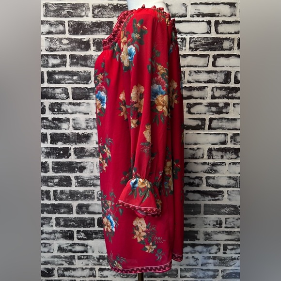 Flying Tomato Boho Chic Red Floral Off Shoulder Ruffled Bell Sleeve Dress Size L - Picture 5 of 9
